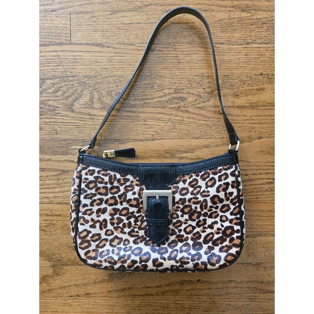 Talbots Leather Leopard Animal Print Calf Hair Black Shoulder Handbag Hobo Purse
